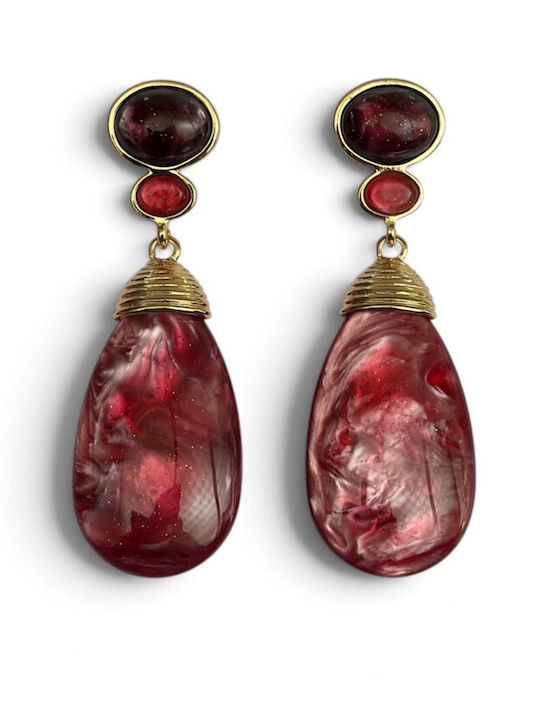 Women's Earrings Gold-Coloured Metal Burgundy Stones Statement Design Handmade Product Burgundy Gold Red Women 7.5 Cm Ssn199