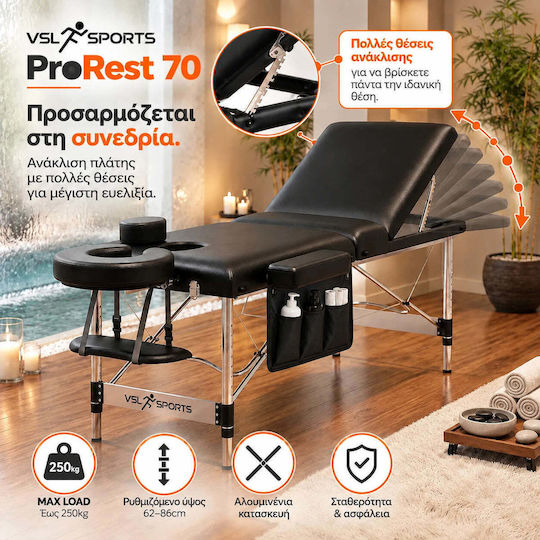 VSL Sports ProRest Pat de Fizioterapie Portabil/Pliabil Negru din Aluminiu 185x70cm