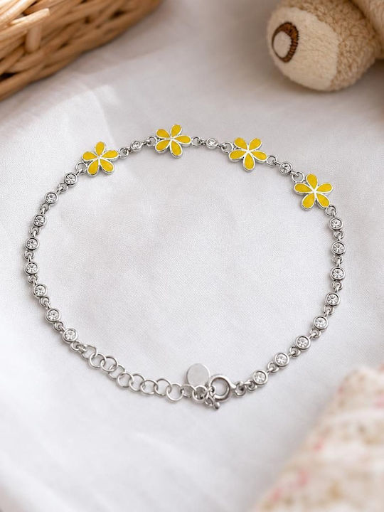 Brățară pentru Copii Din Argint 925 Jolie Model Cu Floare Din Email Galben și Pietre de Zircon Lungime 21 Cm 4,6 G Argint