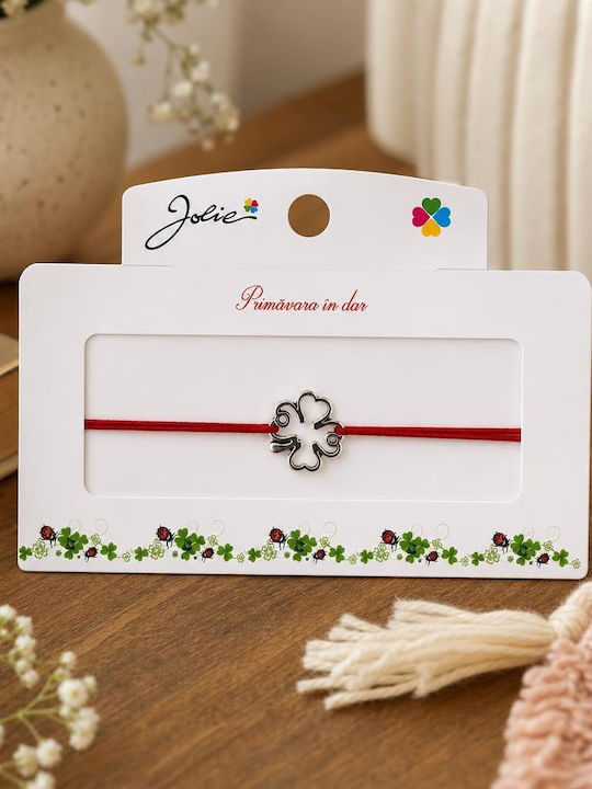 Brățară Mărțișor cu Pandantiv Metalic, Șnur Textil Roșu, Model Contur Trifoi, Mărime Reglabilă, Nod Dublu, Ambalată Individual