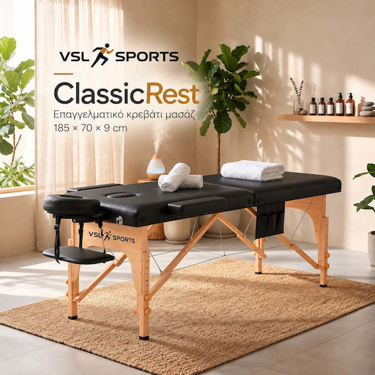 VSL Sports ClassicRest Pat de Fizioterapie Portabil/Pliabil Negru din Lemn 185x70 cm