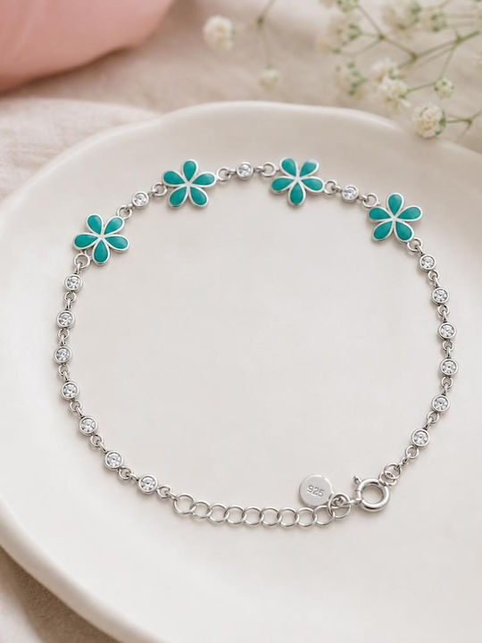Brățară Pentru Copii Din Argint 925 Jolie Model Floare Argintie Cu Email Verde Deschis și Pietre De Zircon Lungime 21 Cm 4,5 G Argint