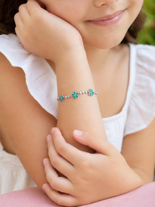 Brățară Pentru Copii Din Argint 925 Jolie Model Floare Argintie Cu Email Verde Deschis și Pietre De Zircon Lungime 21 Cm 4,5 G Argint