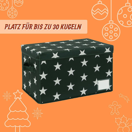 Relaxdays Christmas Bauble Storage Box 10052312_53 30 Baubles Adjustable Dividers Handle Lid Polyester Cardboard Plastic Dark Green White Stars 26.5 X 42.5 X 26 Cm