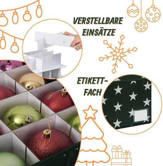 Relaxdays Christmas Bauble Storage Box 10052312_53 30 Baubles Adjustable Dividers Handle Lid Polyester Cardboard Plastic Dark Green White Stars 26.5 X 42.5 X 26 Cm