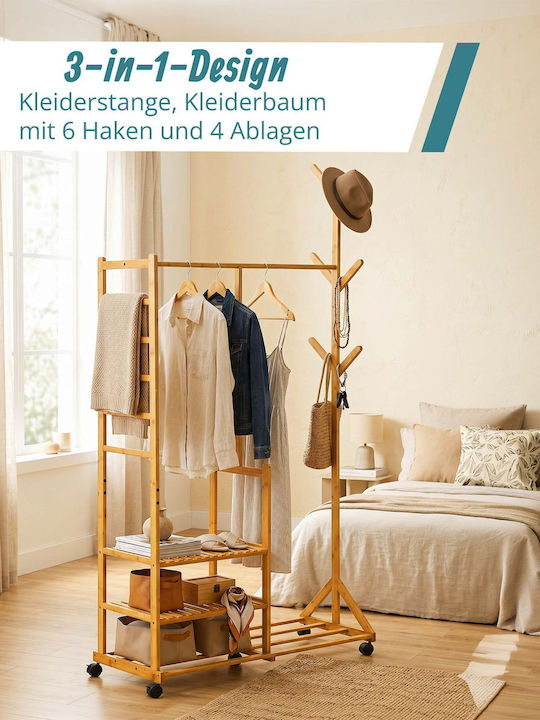 Relaxdays Τροχήλατη Κρεμάστρα Δαπέδου από Bamboo Μπεζ 100x38x176cm