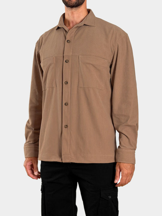 Overshirt din Catifea Raiată cu Mânecă Lungă Bej