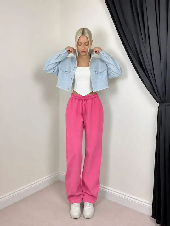 Damenhose mit hohem Bund aus Rippstoff mit Gummizug in lockerer Passform Rosa