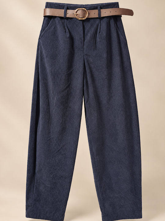 Women's High-Waisted Blue Corduroy Trousers with Elastic Waist and Slim Fit