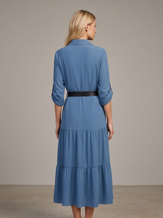 Rochie Cămașă de Vară Midi din Piele Albastră