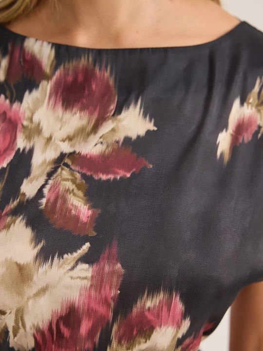Women's Satin Short Sleeve Floral Blouse Burgundy