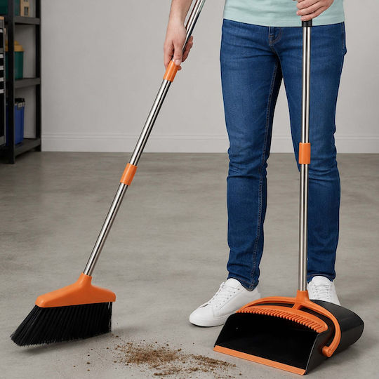 Relaxdays Broom Dustpan Set 10053707 Adjustable Modular Handle 124 Cm Plastic Stainless Steel Integrated Cleaning Brush Black Orange