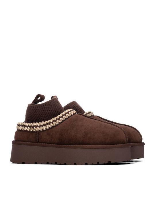 Suede Γυναικεία Μποτάκια με Πλατφόρμα Καφέ