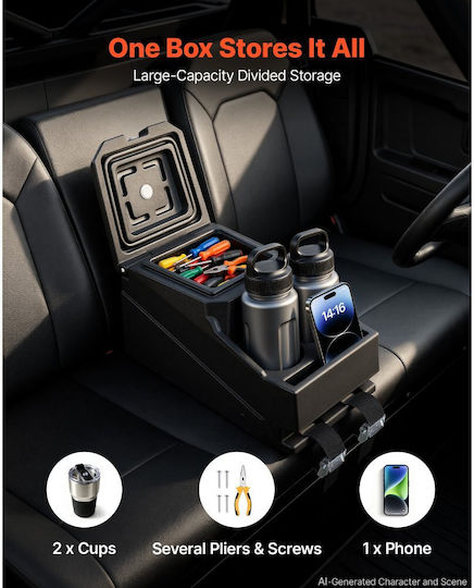 Vevor UTV Center Console Storage Box Lockable Armrest Organizer Tool Holder HDPE Cup Holder Phone Mount Compatible with Polaris Ranger & Can-Am Defender 2017-2026