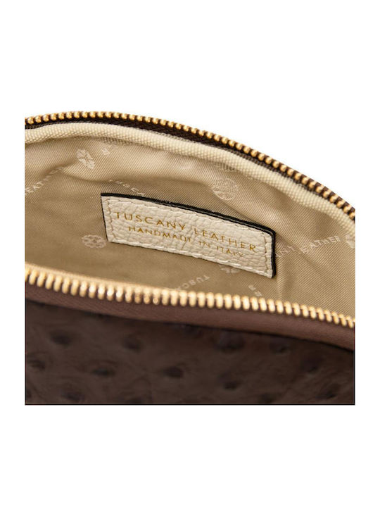 Vera Ostrich Leather Cosmetic Bag Chocolate Brown