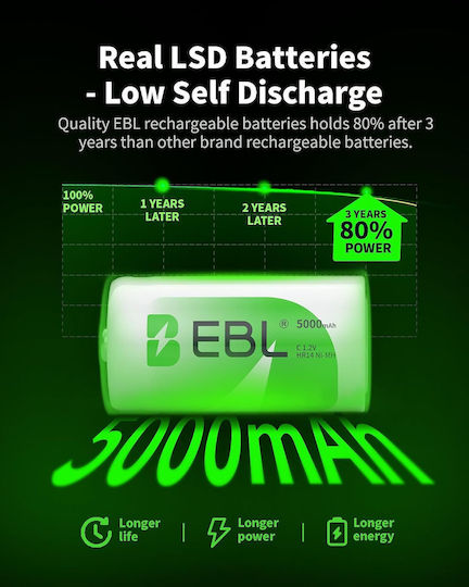 Baterii Reîncărcabile EBL de Tip C, Pachet de 4, 1,2 V, Ni-MH, 5000 mAh