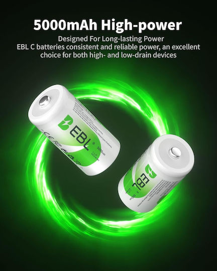 Baterii Reîncărcabile EBL de Tip C, Pachet de 4, 1,2 V, Ni-MH, 5000 mAh