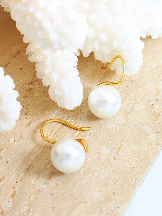 Gold Steel Earrings 316l White Pearl E5003