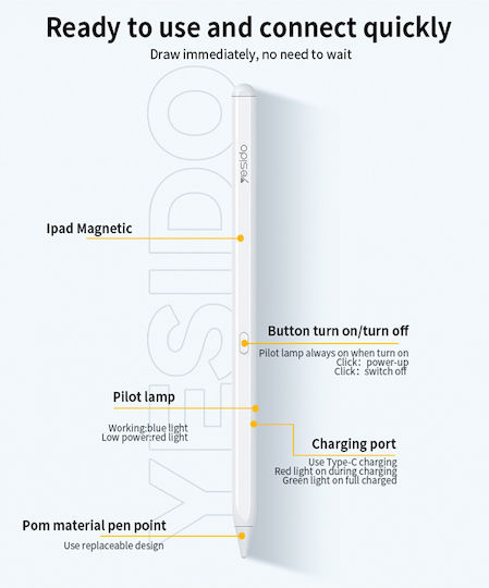 Yesido ST11 Stylus Digital cu Palm Rejection pentru iPad în Culoare Albă