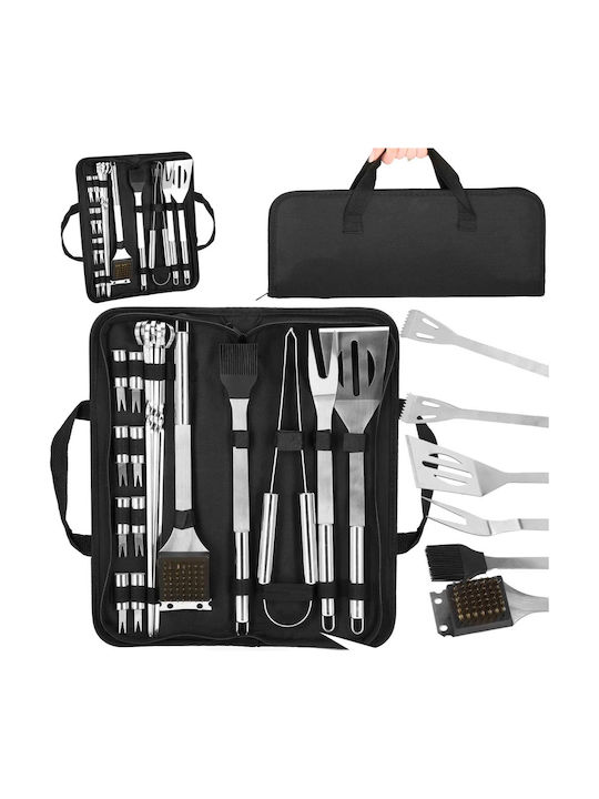 Set de Accesorii pentru Grătar din Oțel Inoxidabil, 20 de Piese, Furculiță, Spatulă, Clește, Perie, Husă de Transport Rezistentă la Căldură Inclusă