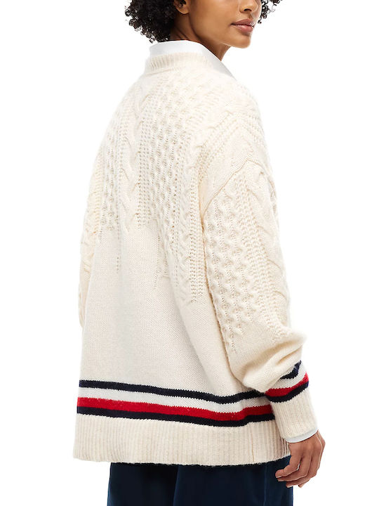 Tommy Hilfiger Pulover de damă din lână cu mânecă lungă, cu dungi, ecru-roșu-albastru