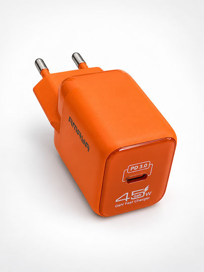 Amaya GaN зарядно устройство с USB-C порт и USB-C - USB-C кабел 45 W Power Delivery оранжев (ACW-E450S+CC)