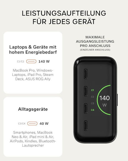Satechi GaN Charging Station with 4 USB-C Ports 140W Power Delivery in Black (Chargeview)