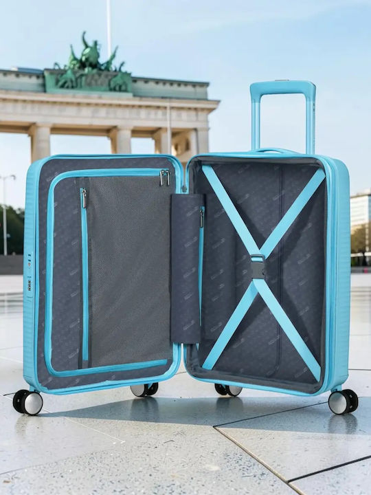 American Tourister Soundbox Твърд Светлосин Куфар за Ръчен Багаж с Височина 55 см