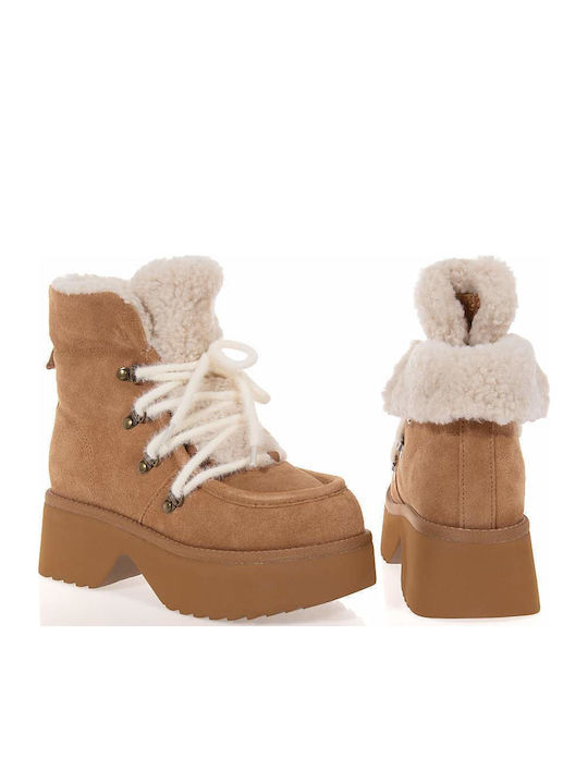 Leather Women's Ankle Boots with Fur in Tabac Brown