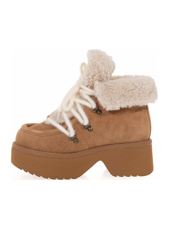 Leather Women's Ankle Boots with Fur in Tabac Brown