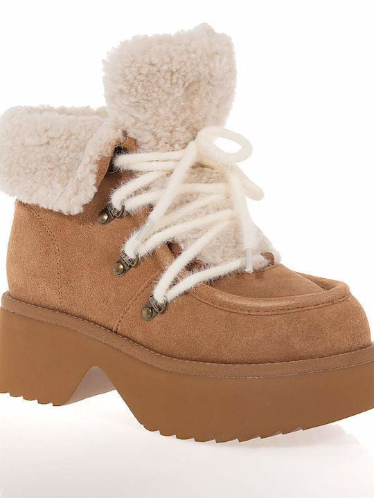 Leather Women's Ankle Boots with Fur in Tabac Brown