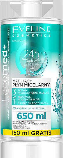 Eveline Facemed+ Mattifying Micellar Water for Face Makeup Remover for Oil Control and Redness Reduction 650ml