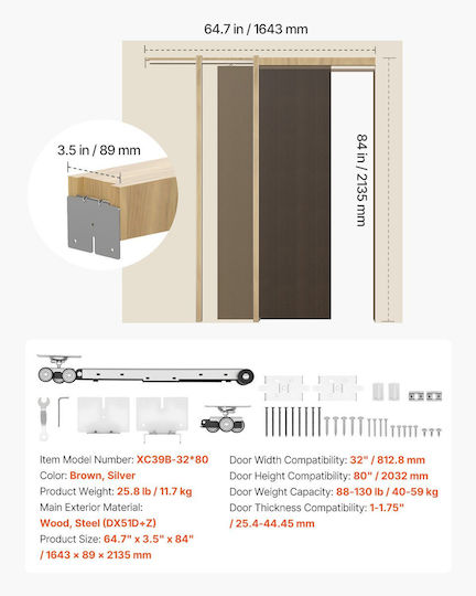 Vevor Sliding Door Mechanism 81.28 cm Brown
