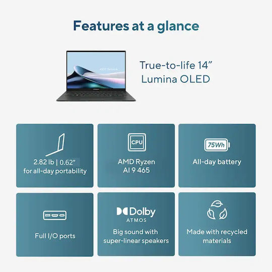 Asus ZenBook 14 OLED UM3405GA-ZB_70 14" FHD+ Touchscreen (Ryzen AI 400 Series-9-465/16GB/512GB SSD/W11 Home) (US Keyboard)