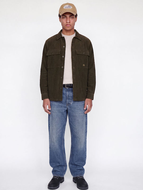 Overshirt din Catifea Raiată cu Mâneci Lungi, Regular Fit, Verde Măsliniu Închis