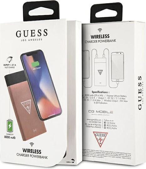 Guess Baterie Externă cu Încărcare Wireless 8000mAh 5W cu 2 Porturi USB-A Rose Gold
