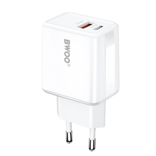 BWOO Încărcător cu Port USB-A și Port USB-C și Cablu USB-C - Lightning 38W Power Delivery Alb