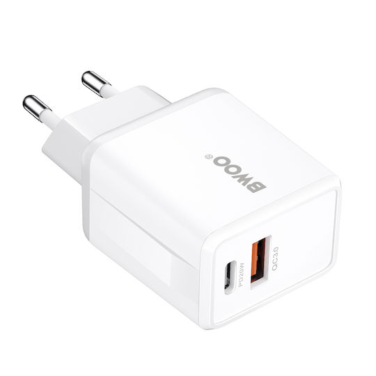 BWOO Încărcător cu Port USB-A și Port USB-C și Cablu USB-C - Lightning 38W Power Delivery Alb