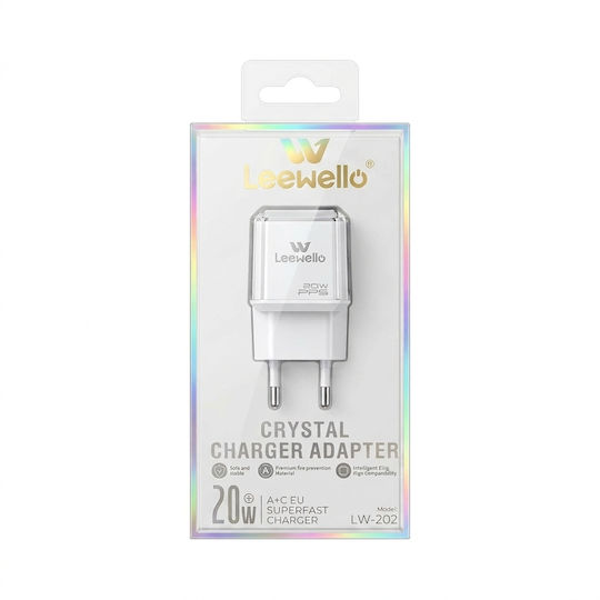 Leewello Зарядно устройство без кабел с USB-A и USB-C порт, 20 W Power Delivery / Quick Charge 3.0, бял (LW-202)