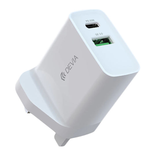 Devia Φορτιστής Χωρίς Καλώδιο με Θύρα USB-A και Θύρα USB-C 20W Λευκός (3-Pin UK Charging)
