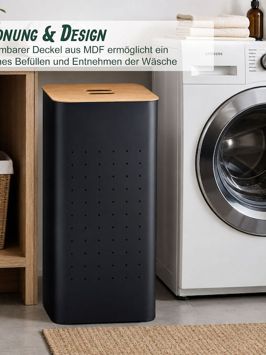Relaxdays Metal Laundry Basket 70 L with Lid 31.5x31.5x69cm Black