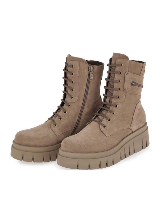 Suede Women's Brown Combat Boots with Medium Heel