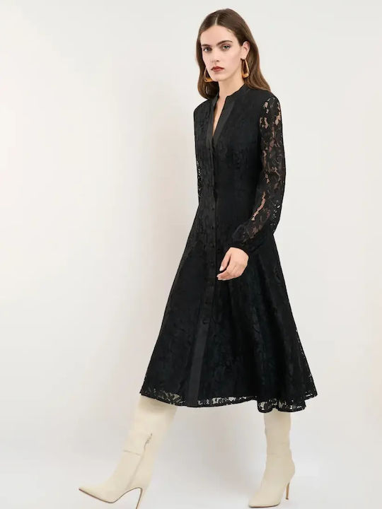 Midi Evening Dress with Lace & Sheer Detail Black