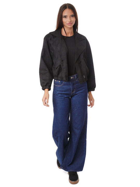 Crop-Wildleder Damenjacke für den Winter Schwarz