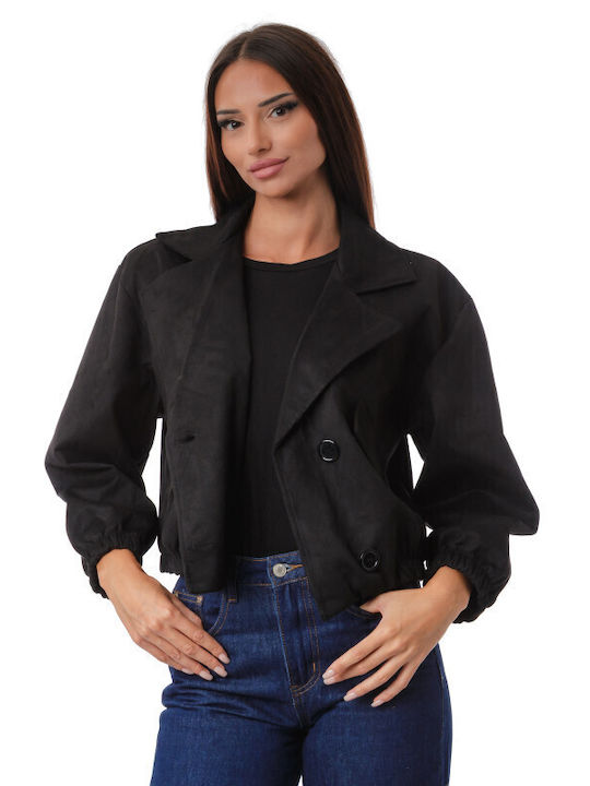 Crop-Wildleder Damenjacke für den Winter Schwarz