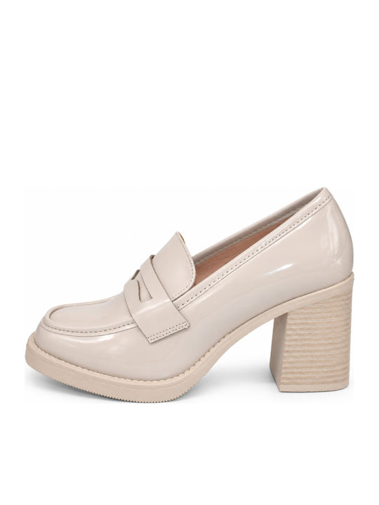 Patent Leather Pumps with Chunky Medium Heel Beige WD-YL255-27LF-BEIGE