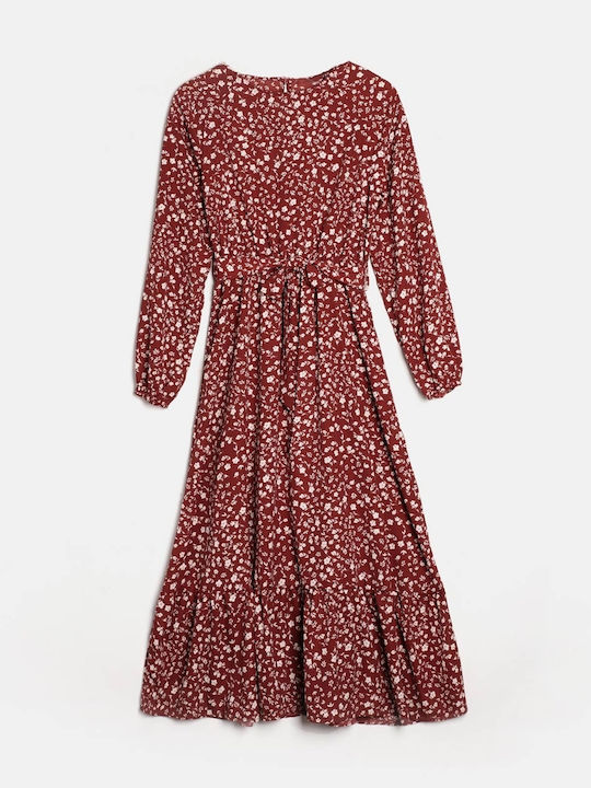Midi Floral Print Dress with Ruffle Hem Burgundy Size XS Burgundy