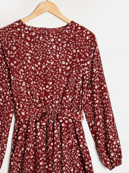 Midi Floral Print Dress with Ruffle Hem Burgundy Size XS Burgundy