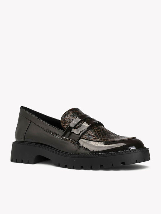 Loafers Maro din Lac cu Imprimeu Snake și Talpă Crenelată