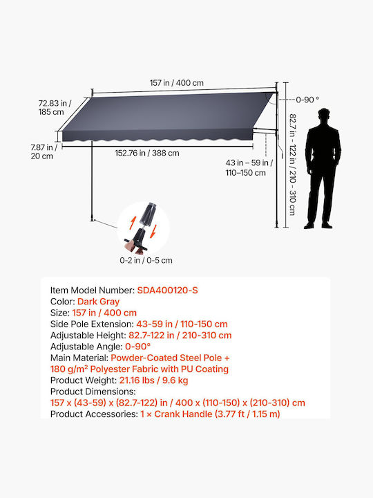 Vevor Τέντα Βεράντας Γκρι 4x3.1m